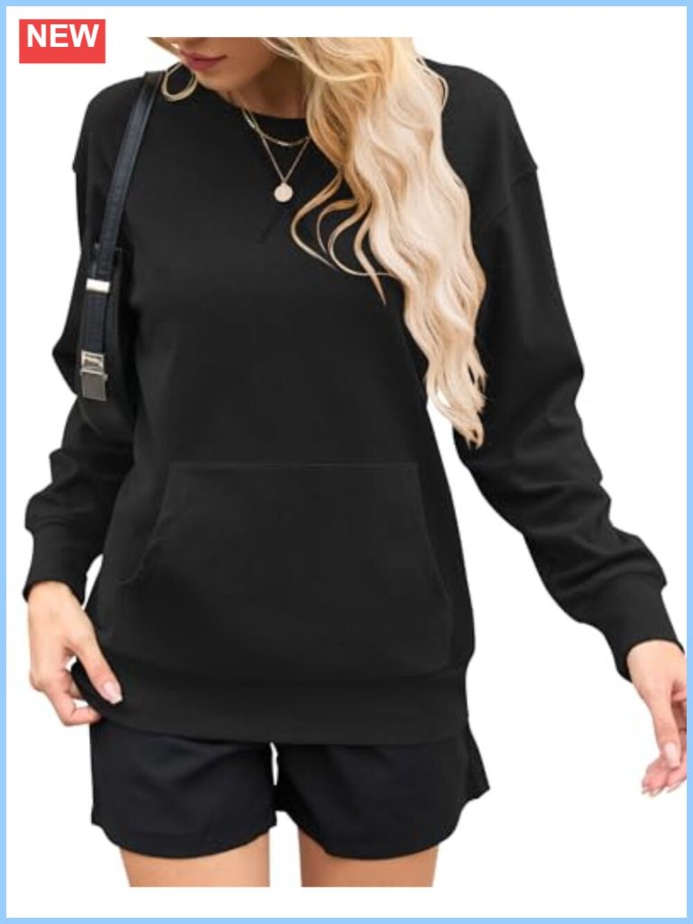 Oversized Crewneck Sweatshirt Hoodless Pullover Kangaroo Pocket
